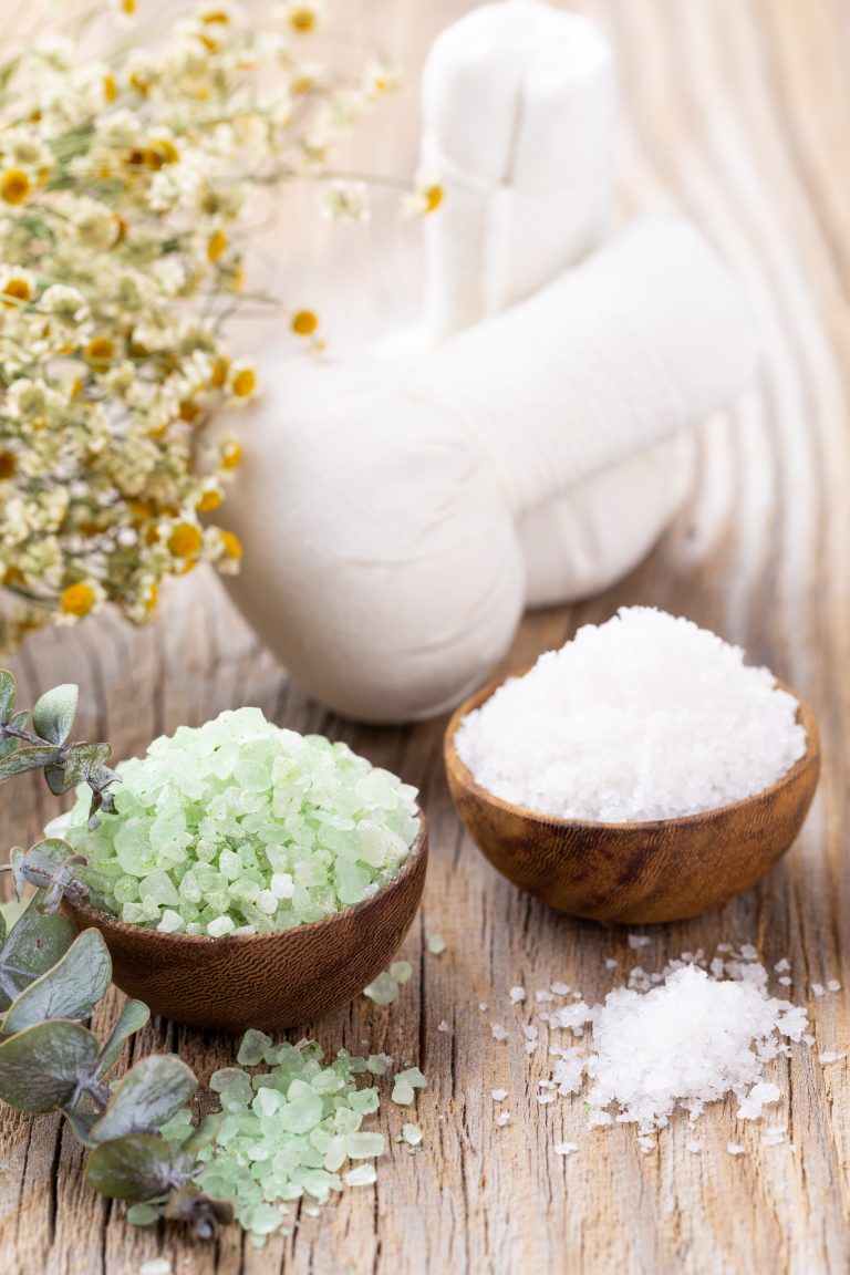 Spa setting with natural sea salt. Spa concept or template for salon treatment invitation.